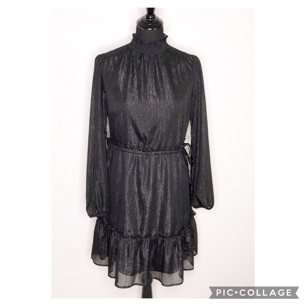 LOFT black‎ metallic ruffle trim sheer dress size Extra Small XS